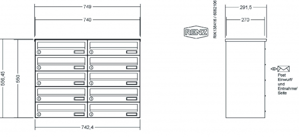 RENZ Briefkastenanlage, Aufputz, Classic Basic B, Edelstahl V4A, Kastenformat 370x110x270mm, 10-teilig